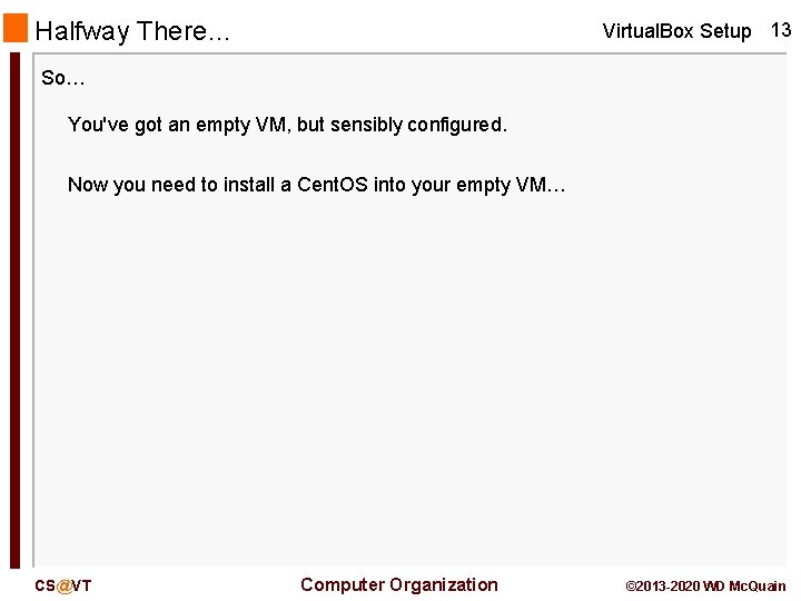 Halfway There… Virtual. Box Setup 13 So… You've got an empty VM, but sensibly