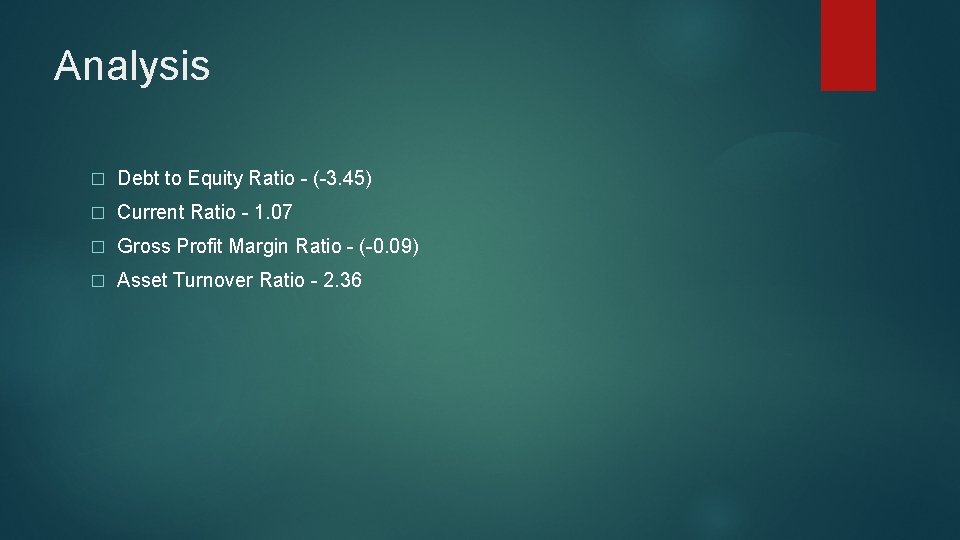 Analysis � Debt to Equity Ratio - (-3. 45) � Current Ratio - 1.