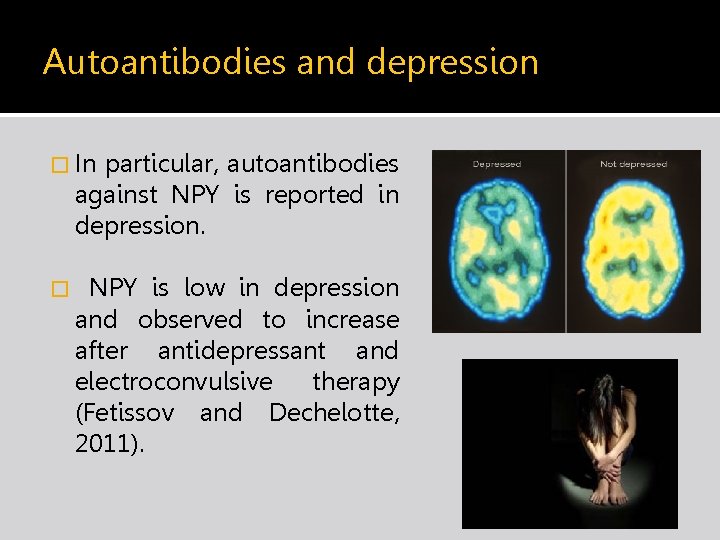 Autoantibodies and depression � In particular, autoantibodies against NPY is reported in depression. �