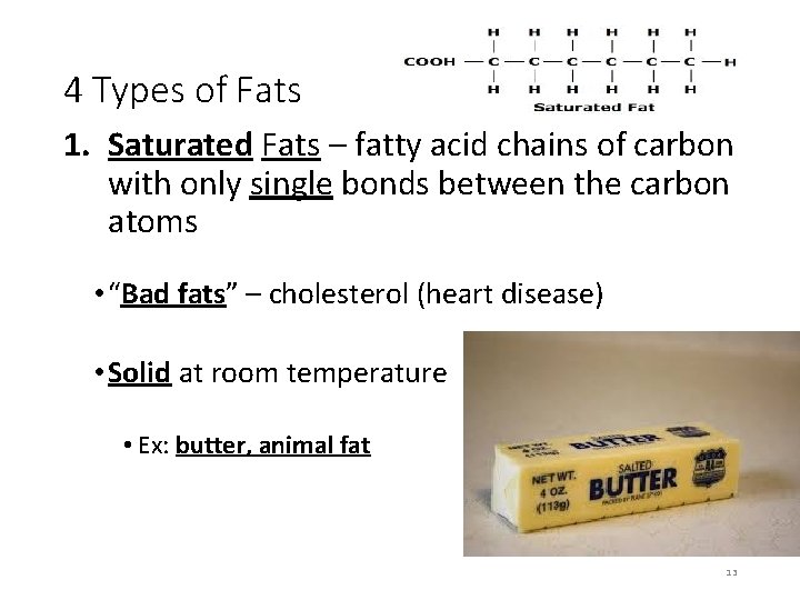 4 Types of Fats 1. Saturated Fats – fatty acid chains of carbon with