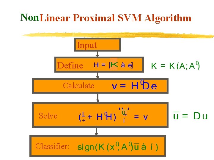 Non. Linear Proximal SVM Algorithm Input Define Calculate Solve Classifier: 