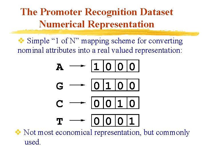 The Promoter Recognition Dataset Numerical Representation v Simple “ 1 of N” mapping scheme