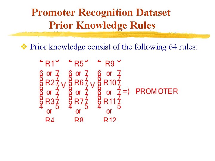 Promoter Recognition Dataset Prior Knowledge Rules v Prior knowledge consist of the following 64