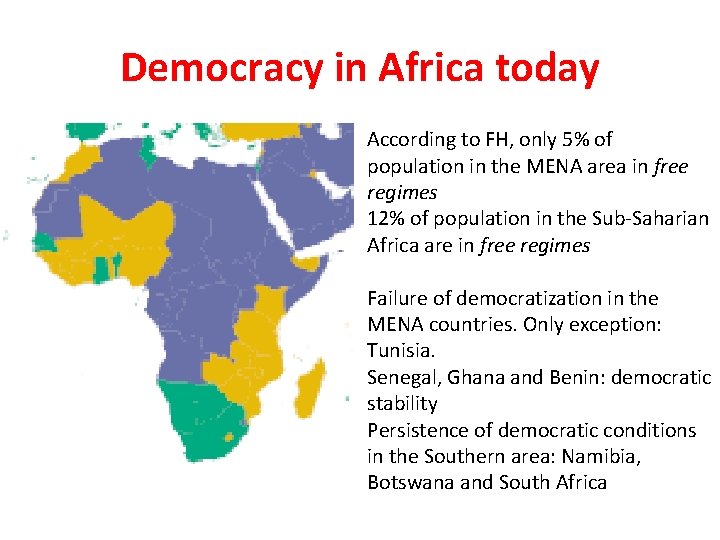 Democracy in Africa today According to FH, only 5% of population in the MENA