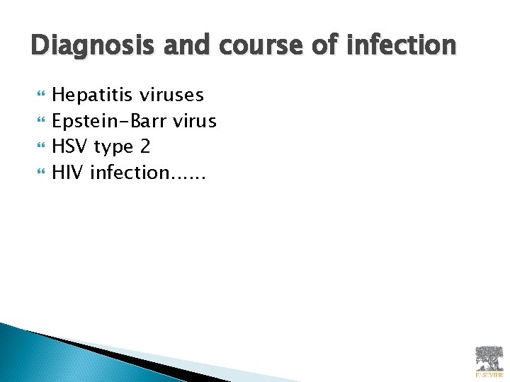 Diagnosis and course of infection Hepatitis viruses Epstein-Barr virus HSV type 2 HIV infection.