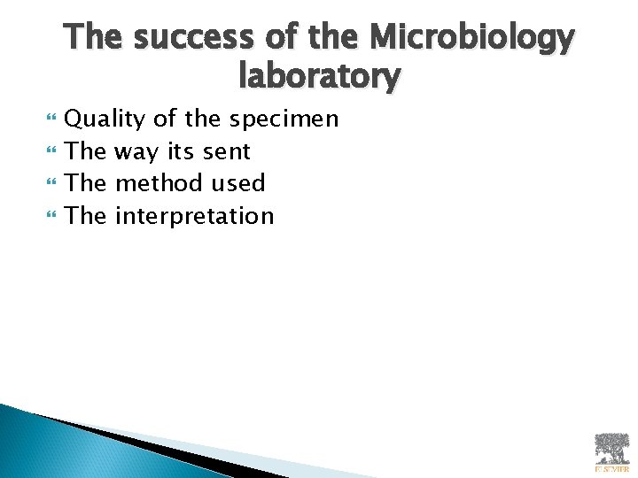 The success of the Microbiology laboratory Quality of the specimen The way its sent