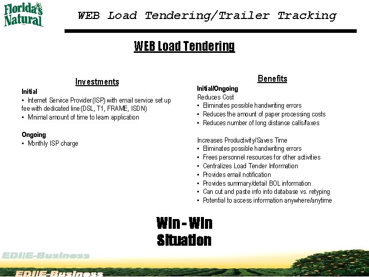 WEB Load Tendering/Trailer Tracking WEB Load Tendering Benefits Investments Initial • Internet Service Provider(ISP)