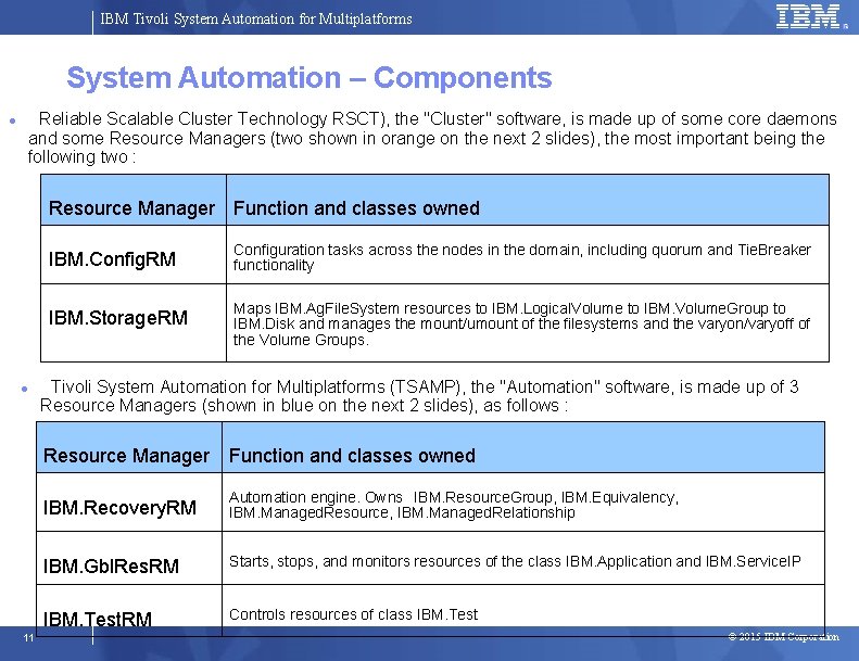 IBM Tivoli System Automation for Multiplatforms System Automation – Components Reliable Scalable Cluster Technology