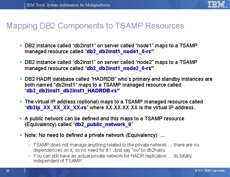 IBM Tivoli System Automation for Multiplatforms Mapping DB 2 Components to TSAMP Resources DB