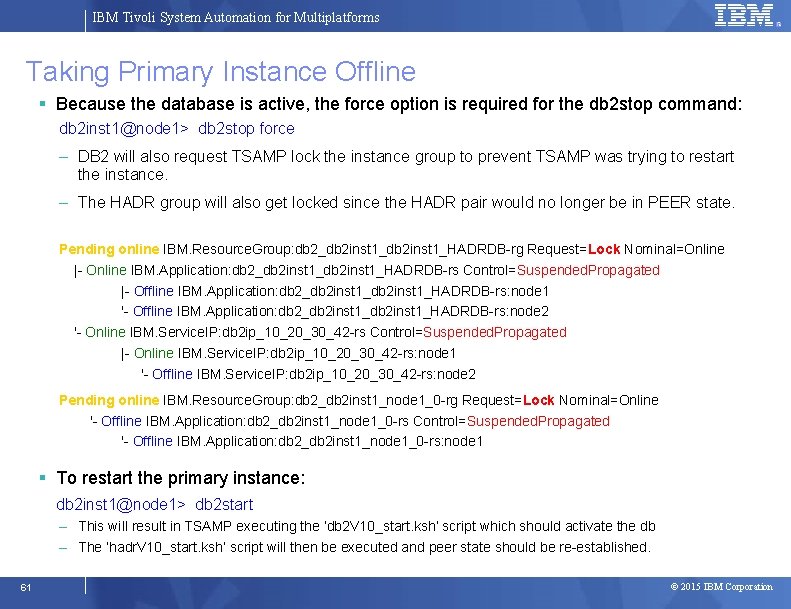 IBM Tivoli System Automation for Multiplatforms Taking Primary Instance Offline Because the database is