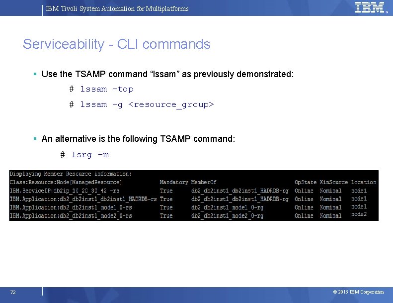 IBM Tivoli System Automation for Multiplatforms Serviceability - CLI commands Use the TSAMP command