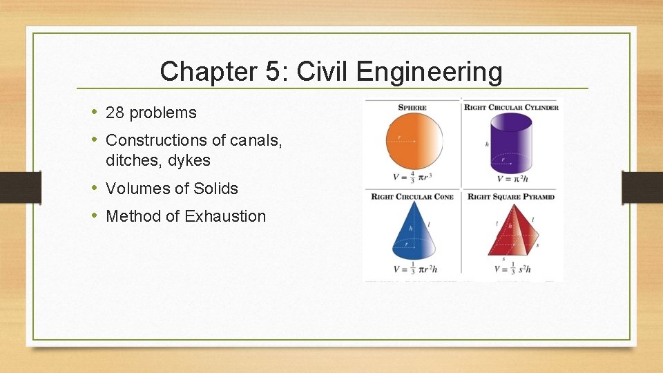 Chapter 5: Civil Engineering • 28 problems • Constructions of canals, ditches, dykes •