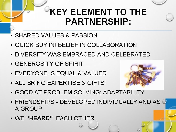 KEY ELEMENT TO THE PARTNERSHIP: • SHARED VALUES & PASSION • QUICK BUY IN!