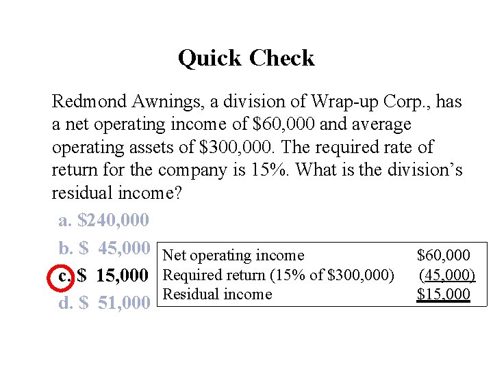 Quick Check Redmond Awnings, a division of Wrap-up Corp. , has a net operating