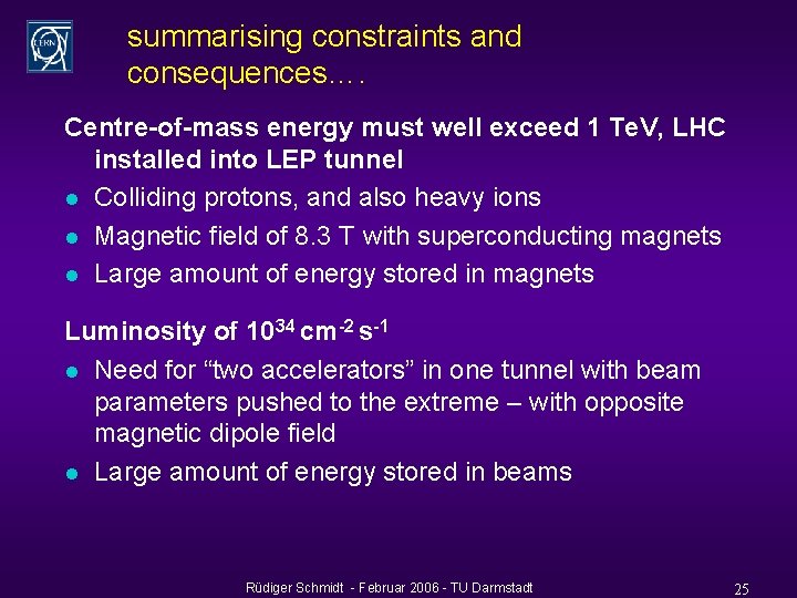summarising constraints and consequences…. Centre-of-mass energy must well exceed 1 Te. V, LHC installed