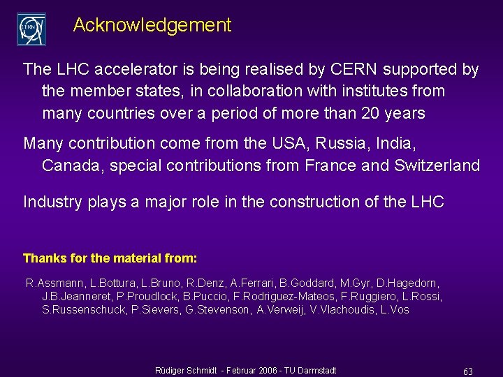 Acknowledgement The LHC accelerator is being realised by CERN supported by the member states,