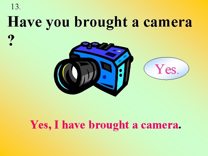 13. Have you brought a camera ? Yes, I have brought a camera. 