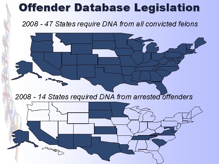 Offender Database Legislation 2008 - 47 States require DNA from all convicted felons 2008
