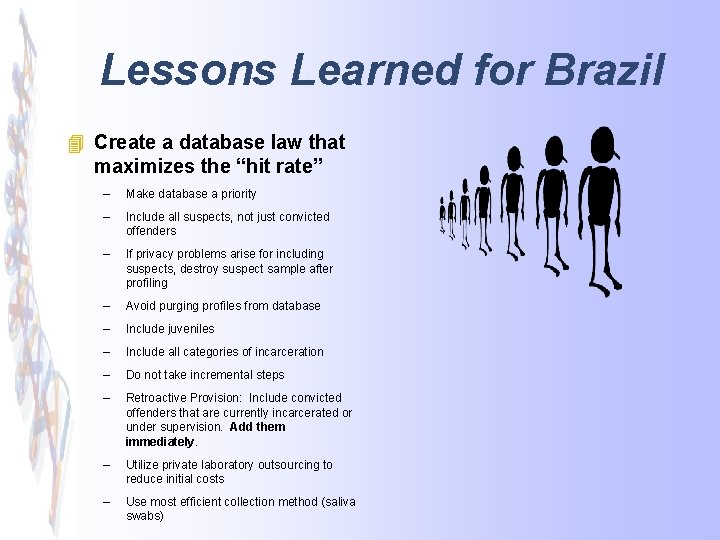 Lessons Learned for Brazil 4 Create a database law that maximizes the “hit rate”
