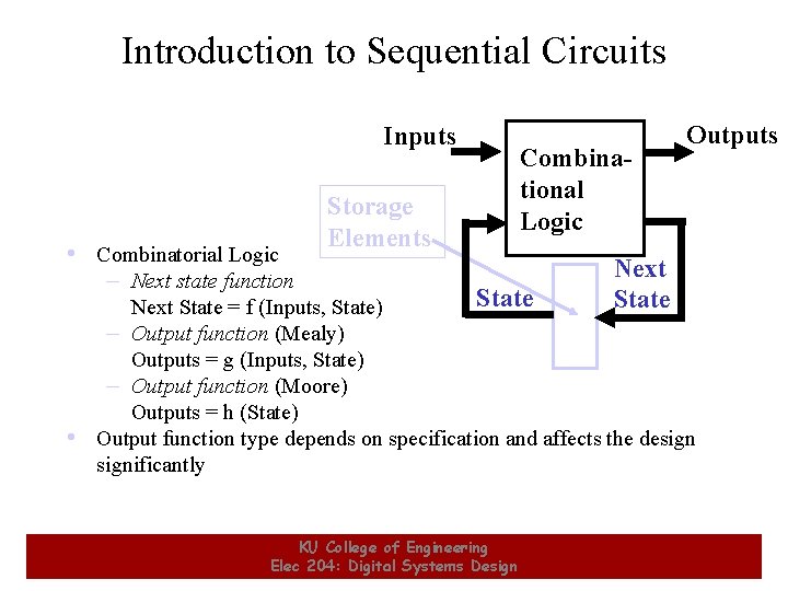 Introduction to Sequential Circuits Inputs • Combinatorial Logic – Next state function Storage Elements