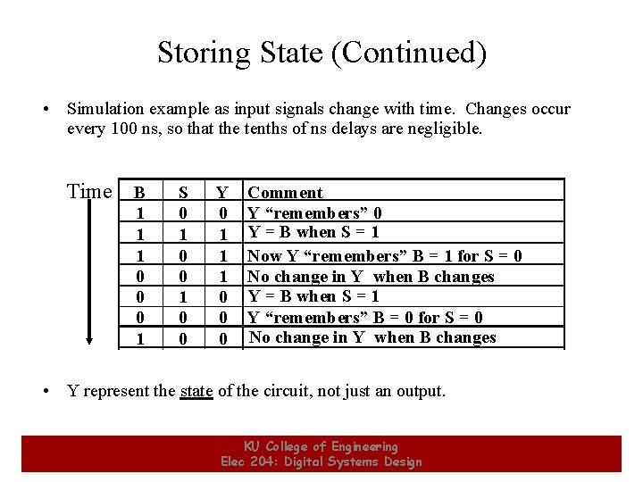 Storing State (Continued) • Simulation example as input signals change with time. Changes occur