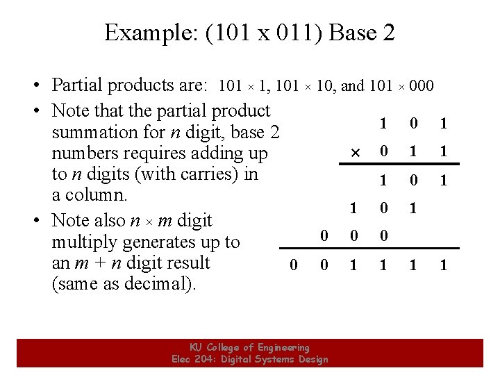 Example: (101 x 011) Base 2 • Partial products are: 101 × 1, 101