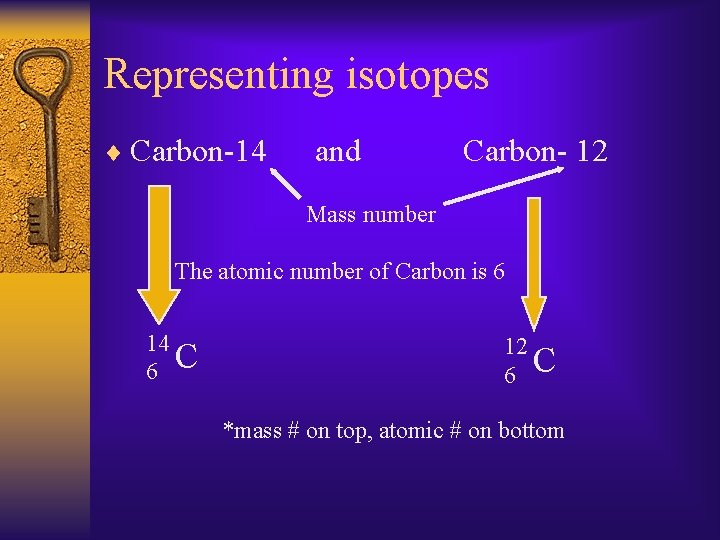 Representing isotopes ¨ Carbon-14 and Carbon- 12 Mass number The atomic number of Carbon