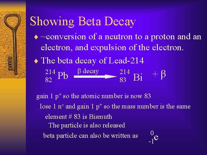 Showing Beta Decay ¨ ~conversion of a neutron to a proton and an electron,