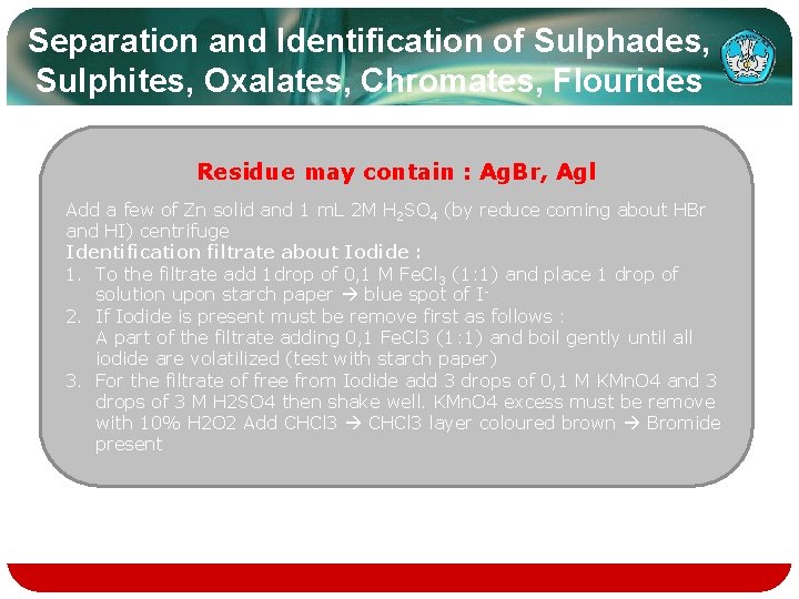 Separation and Identification of Sulphades, Sulphites, Oxalates, Chromates, Flourides Residue may contain : Ag.