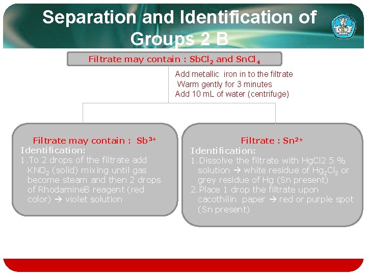 Separation and Identification of Groups 2 B Filtrate may contain : Sb. Cl 2