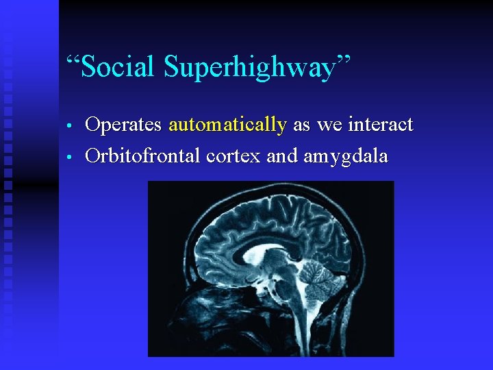 “Social Superhighway” • • Operates automatically as we interact Orbitofrontal cortex and amygdala 