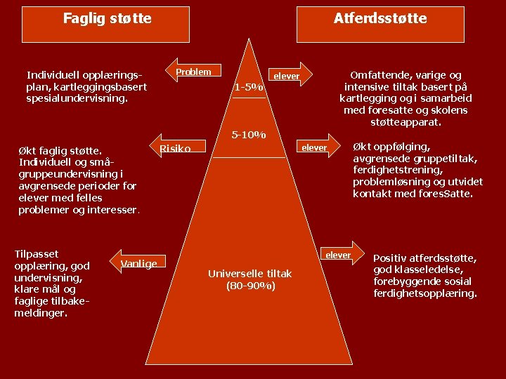 Faglig støtte Individuell opplæringsplan, kartleggingsbasert spesialundervisning. Atferdsstøtte Problem 1 -5% Omfattende, varige og intensive