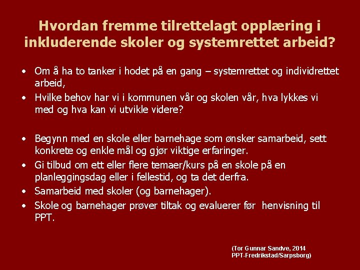 Hvordan fremme tilrettelagt opplæring i inkluderende skoler og systemrettet arbeid? • Om å ha