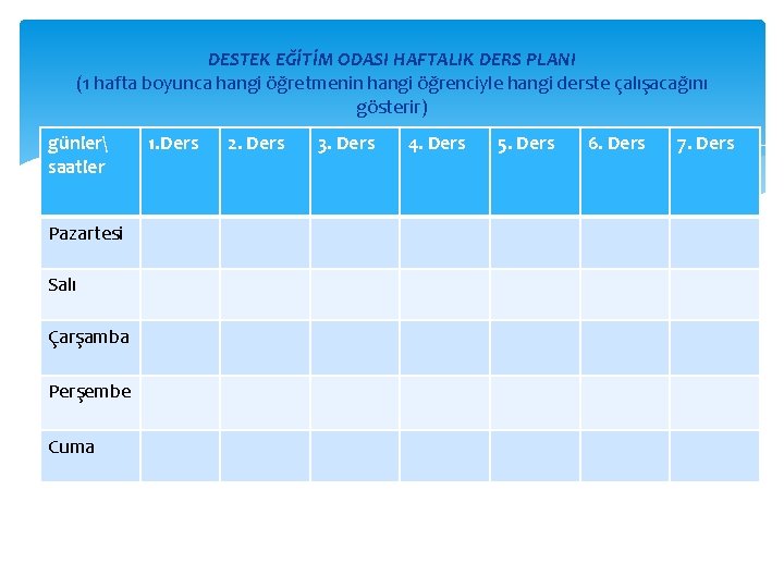 DESTEK EĞİTİM ODASI HAFTALIK DERS PLANI (1 hafta boyunca hangi öğretmenin hangi öğrenciyle hangi