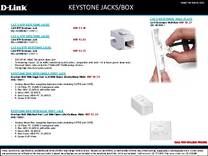KEYSTONE JACKS/BOX Retail File March 2021 CAT 5 KEYSTONES WALL PLATE CAT 5 UTP