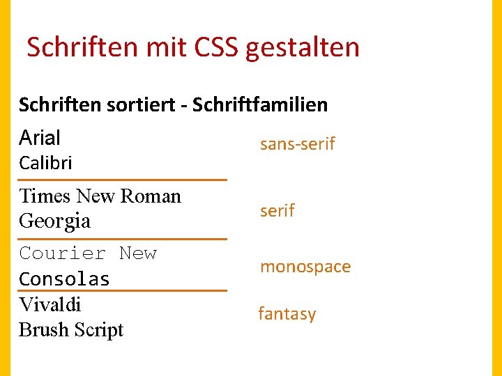 Schriften mit CSS gestalten Schriften sortiert - Schriftfamilien Arial Calibri Times New Roman Georgia