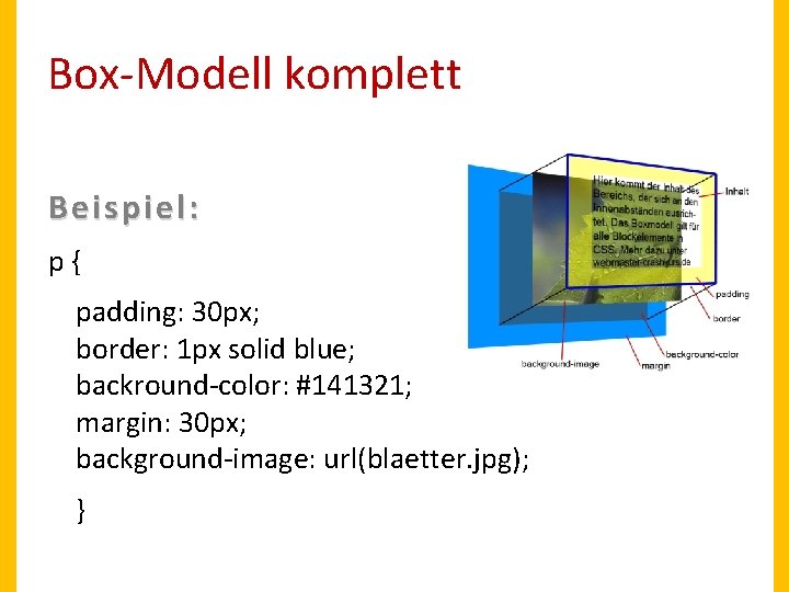 Box-Modell komplett Beispiel: p{ padding: 30 px; border: 1 px solid blue; backround-color: #141321;