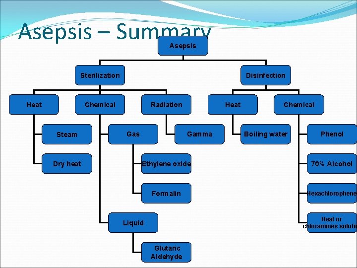 Asepsis – Summary Asepsis Sterilization Heat Disinfection Chemical Steam Dry heat Radiation Gas Heat