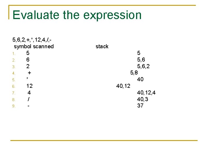 Evaluate the expression 5, 6, 2, +, *, 12, 4, /, symbol scanned 1.