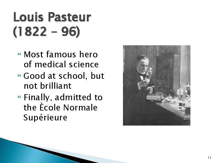 Louis Pasteur (1822 – 96) Most famous hero of medical science Good at school,