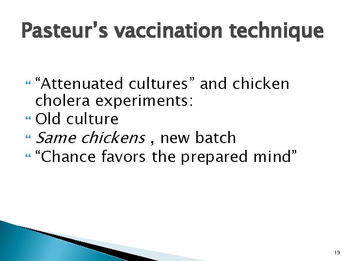 Pasteur’s vaccination technique “Attenuated cultures” and chicken cholera experiments: Old culture Same chickens ,