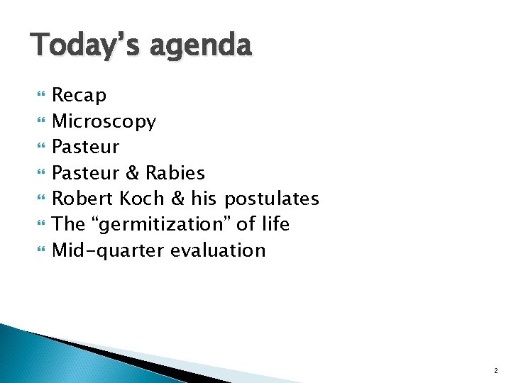 Today’s agenda Recap Microscopy Pasteur & Rabies Robert Koch & his postulates The “germitization”