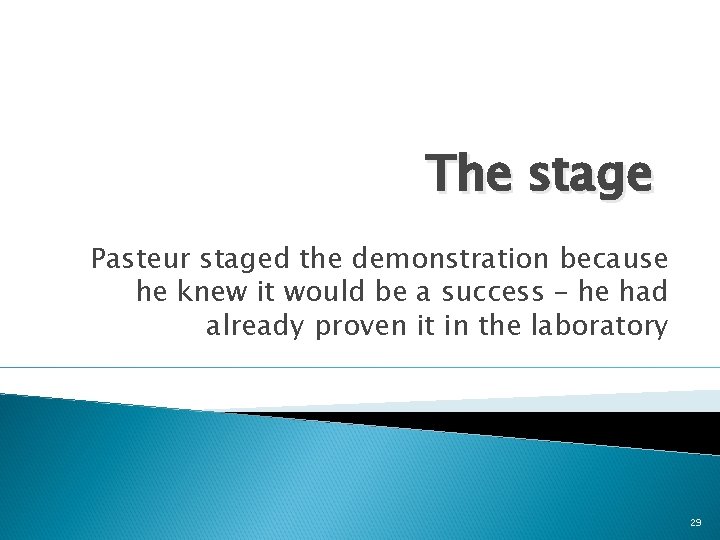 The stage Pasteur staged the demonstration because he knew it would be a success