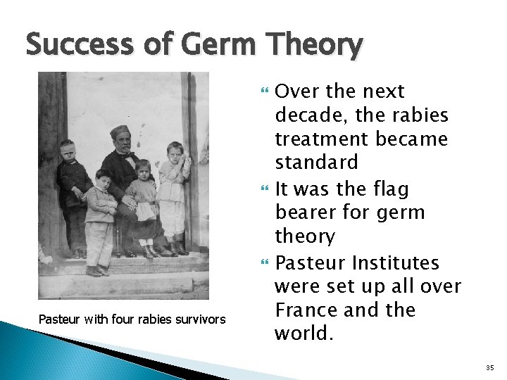 Success of Germ Theory Pasteur with four rabies survivors Over the next decade, the