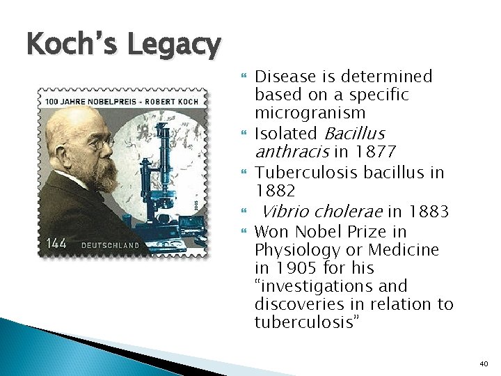 Koch’s Legacy Disease is determined based on a specific microgranism Isolated Bacillus anthracis in