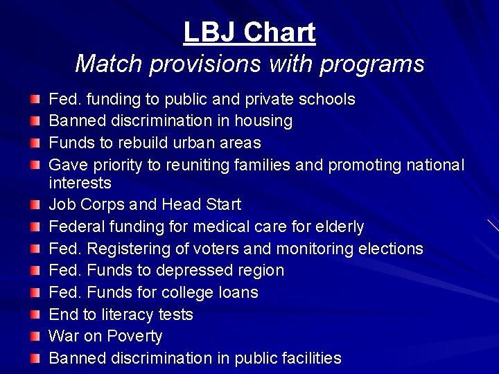 LBJ Chart Match provisions with programs Fed. funding to public and private schools Banned