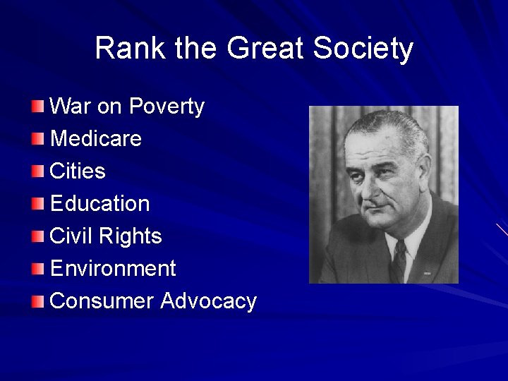 Rank the Great Society War on Poverty Medicare Cities Education Civil Rights Environment Consumer