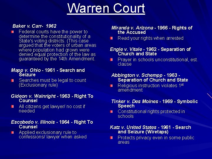 Warren Court Baker v. Carr- 1962 Federal courts have the power to determine the