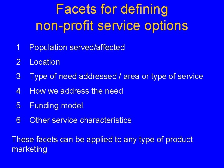 Facets for defining non profit service options 1 Population served/affected 2 Location 3 Type
