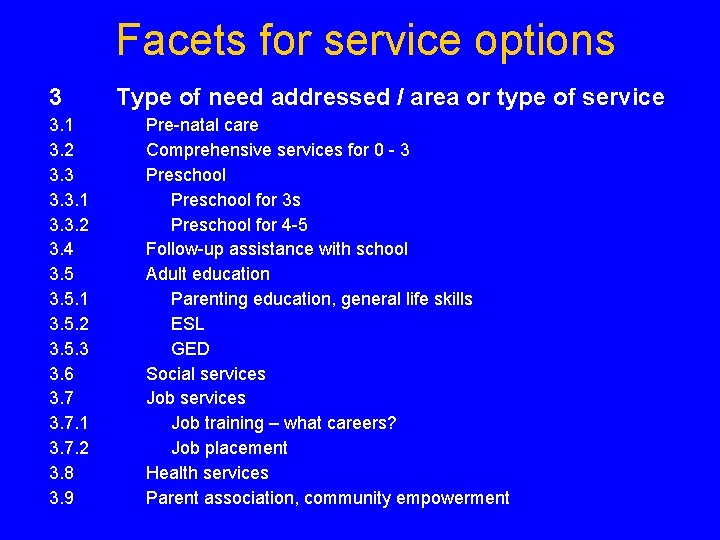 Facets for service options 3 3. 1 3. 2 3. 3. 1 3. 3.